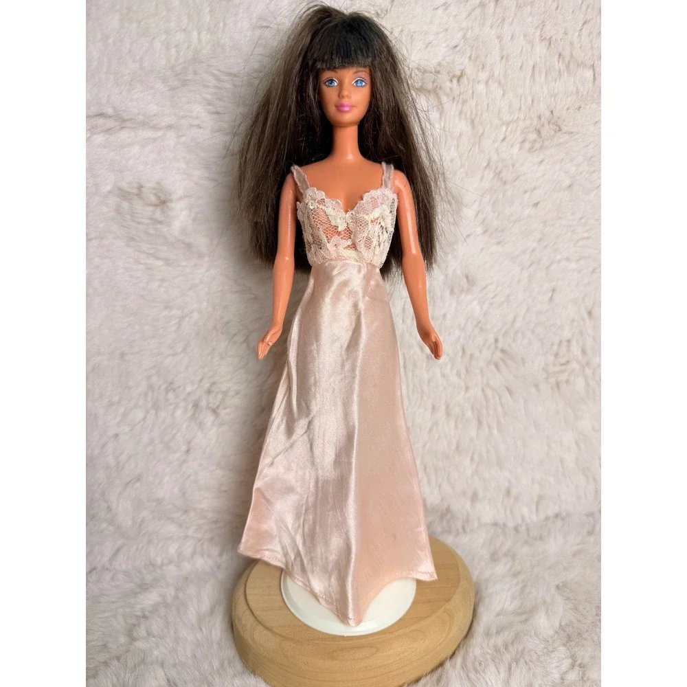 Vintage 1960s Doll Clothes Pink Satin Nightgown Floral Pajama Set Barbie Size